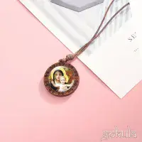 Wooden Mother Mary & Baby Jesus Necklace – Handcrafted Bohemian Glass Inlay Pendant