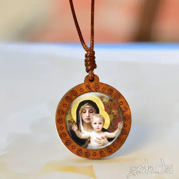 Wooden Mother Mary & Baby Jesus Necklace – Handcrafted Bohemian Glass Inlay Pendant