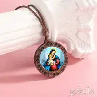 Wooden Mother Mary & Baby Jesus Pendant Necklace – Handcrafted Bohemian Glass Inlay