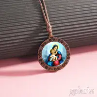 Wooden Mother Mary & Baby Jesus Pendant Necklace – Handcrafted Bohemian Glass Inlay