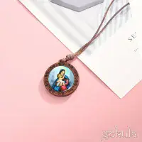 Wooden Mother Mary & Baby Jesus Pendant Necklace – Handcrafted Bohemian Glass Inlay