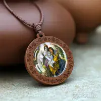 Wooden Radha & Krishna Pendant Necklace – Handcrafted Bohemian Glass Inlay