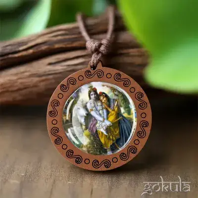 Wooden Radha & Krishna Pendant Necklace – Handcrafted Bohemian Glass Inlay