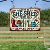 Wooden “Welcome to My She-Shed” Wall Art – Rustic Garden Tool Décor Sign