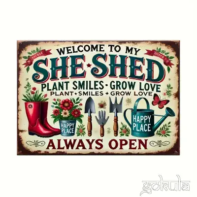 Wooden “Welcome to My She-Shed” Wall Art – Rustic Garden Tool Décor Sign