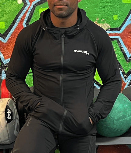 Adonis Hoodie - (Black With White Muscle-In Logo)