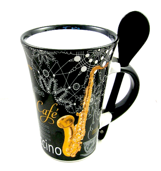 Black Saxophone Cappuccino Mug with Spoon