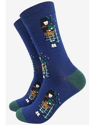Blue Bamboo Socks with Green Piper by MSH