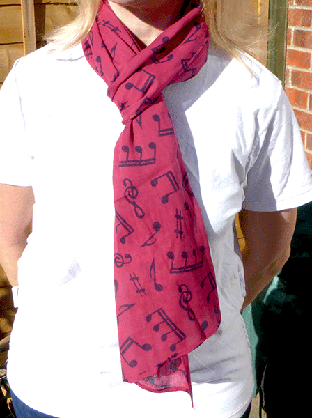 Cerise Scarf with Navy Notes - Music Scarves | musical gifts online