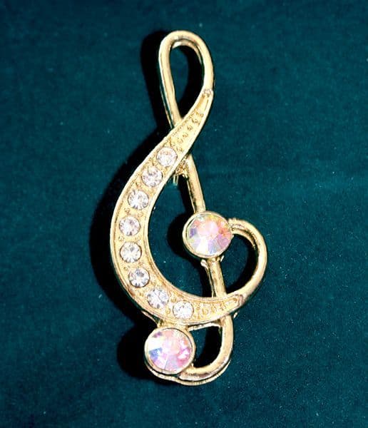 Gold  Crystal Treble Clef Brooch - Music Brooch | musical gifts online