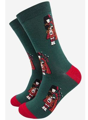 Green Bamboo Socks with Red Tartan Piper by MSH
