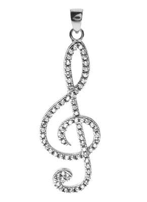 Large Sterling Silver Treble Clef Necklace with CZ by KMD