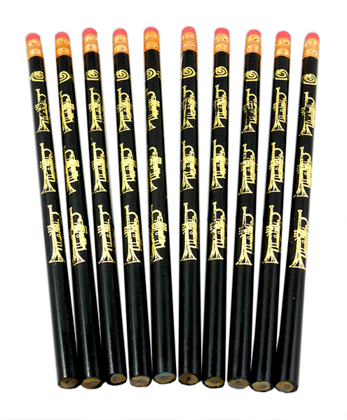 Pencil - 10 Pack Black Pencil with Gold Trumpets & Eraser