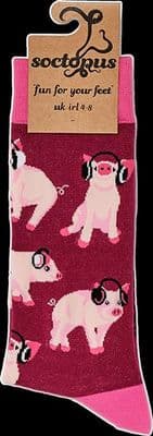 Pink Pig Socks with Headphones by Soctopus