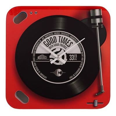 Red Record Player Glass Wall Clock