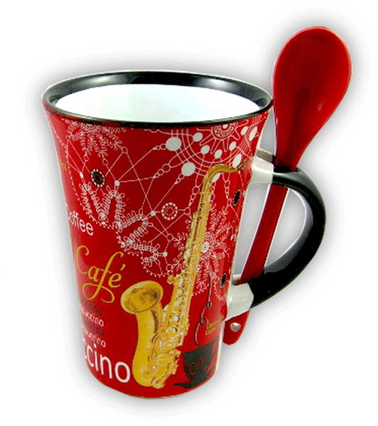 Red Saxophone Cappuccino Mug with Spoon