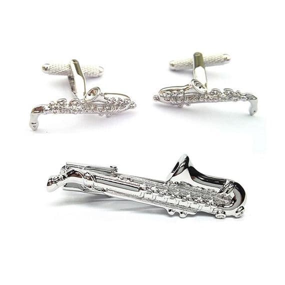 Saxophone Tie Bar & Cufflink Set by Onyx Art | musical gifts online