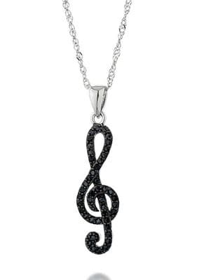 Treble Clef Pendant in Sterling Silver with Black Crystals