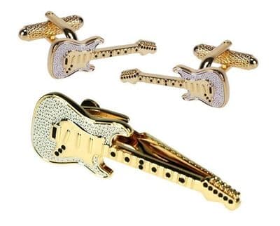 Two Tone Guitar Tie Clip & Cufflinks Set by Onyx Art