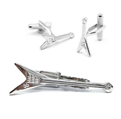 V Shaped Guitar Tie Clip and Cufflink Set by Onyx Art