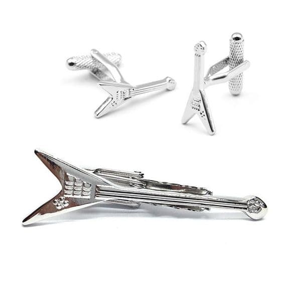 V Shaped Guitar Tie Clip and Cufflink Set by Onyx Art | musical gifts online