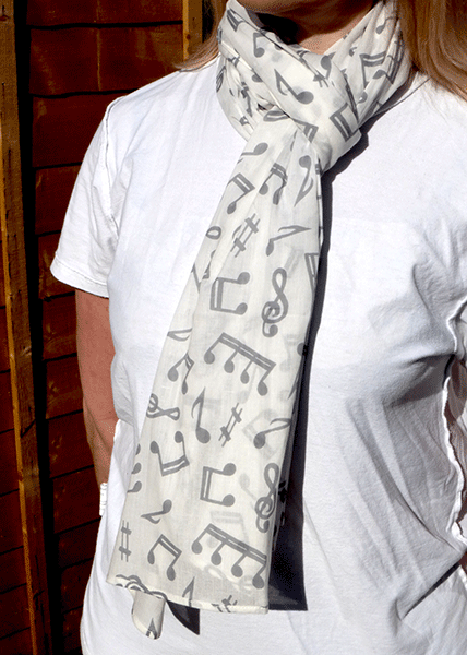White Scarf with Silver Notes – Music Scarves | musical gifts online