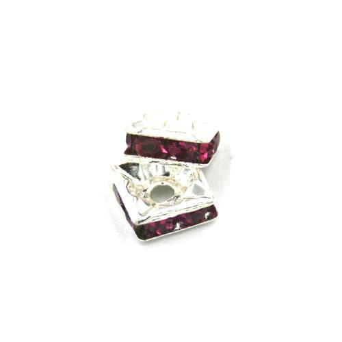 100pcs x 6mm Silver plated square rhinestone spacer bead with fusia pink colour stone - 8010010
