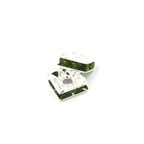 100pcs x 6mm Silver plated square rhinestone spacer bead with olive green colour stone - 801007