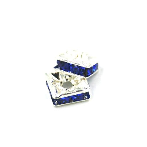 100pcs x 6mm Silver plated square rhinestone spacer bead with royal blue colour stone - 8010006