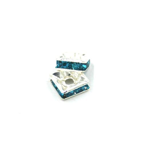 100pcs x 6mm Silver plated square rhinestone spacer bead with teal colour stone - 8010005 WC198