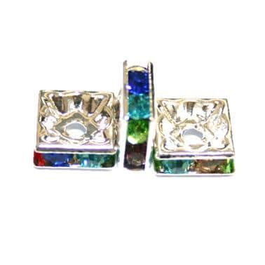 100pcs x 8mm Silver plated square rhinestone spacer bead with colourful stones S.D05 -- 5000035