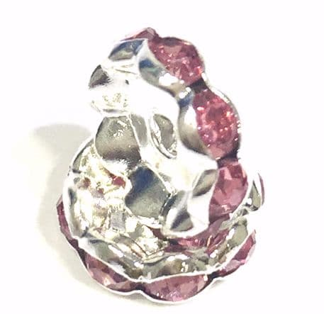 100pcs x Silver plated rondelle rhinestone wavy edge spacer - baby pink - 9010093