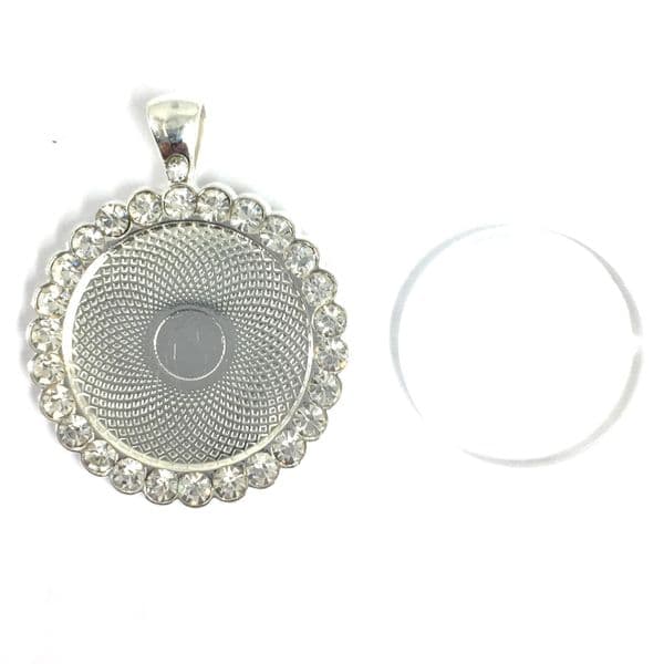 1pce x 35/25mm make your own pendant kit - round with crystal surround- silver plated - c17a3102