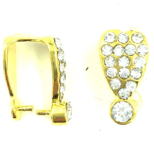 2 x Gold plated heart pinch bails with crystals