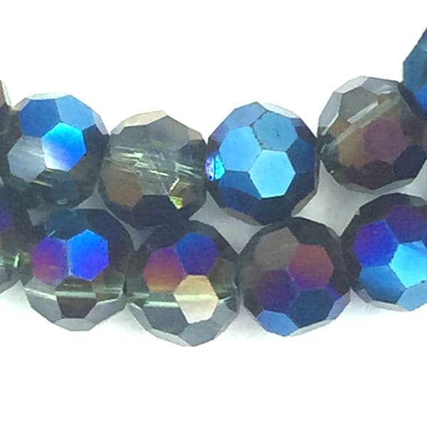 4mm  faceted round glass - crystal beads -- 90 pieces - olive green/ metallic blue coating