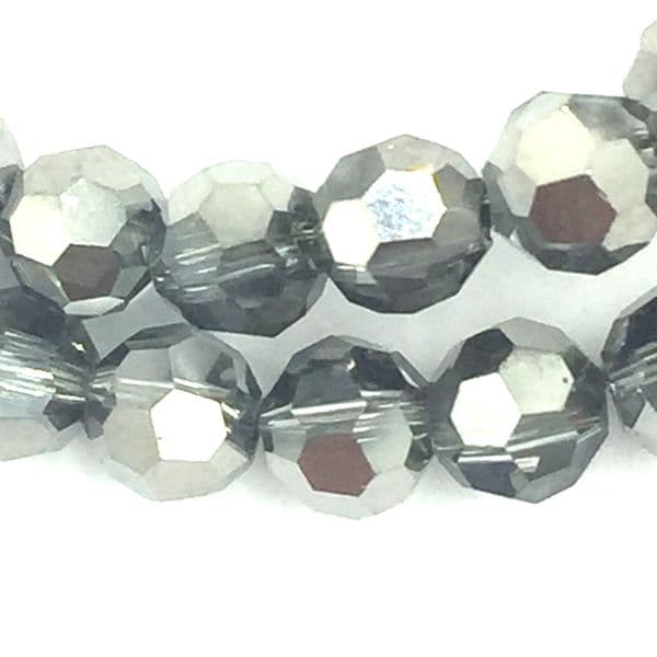 4mm  faceted round glass - crystal beads -- 90 pieces - smokey quartz / silver