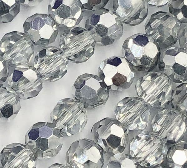4mm  silver / clear faceted round glass - crystal beads -- 90 pieces