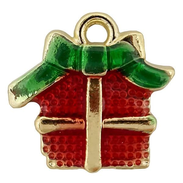 Christmas Present Gold Plated, Red w/ Green Bow 16x15
