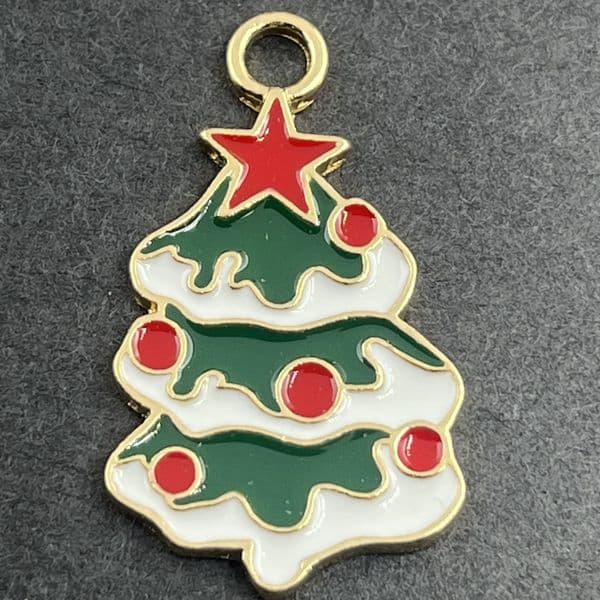 Christmas tree white green red Gold Plated Enamel Charm 30mm x 18mm