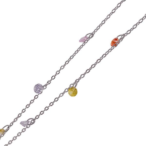Rhodium Plated 1.5mm width Chain with orange, yellow, lilac, clear Crystal Charms