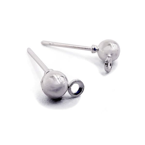 Rhodium Plated Stud Round Earring with ring 4mm x 10