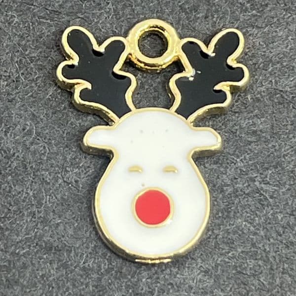 Rudolph Reindeer Head Gold Plated Enamel Charm white black antlers 13x17mm