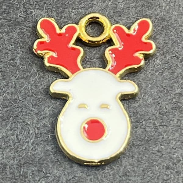 Rudolph Reindeer Head Gold Plated Enamel Charm white red antlers 13x17mm