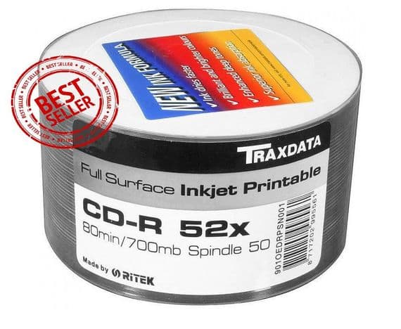 ✨ Buy 3 Get 1 Free ✨ 50 Traxdata Ritek Full Face White Inkjet Printable Blank CD-R 52x 700MB