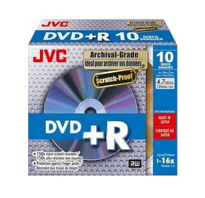 10 JVC DVD+R 16x Archival grade Blank DVD Discs 4.7GB 120 mins Taiyo Yuden JAPAN