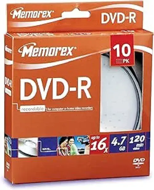 10 Memorex Blank DVD-R 16x 4.7GB 120 mins DVD discs Retail Cakebox