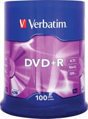 100 Genuine Verbatim Blank DVD+R 16x 4.7GB DVD Non Printable Discs 43551 Taiwan
