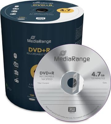 100 MediaRange DVD+R 16x 4.7GB 120min Blank Discs MR443