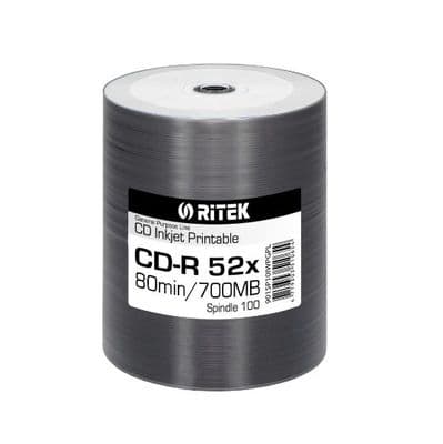 100 Ritek Full White Printable Blank CD-R CD 52x Discs 700MB 80 mins Grade A+
