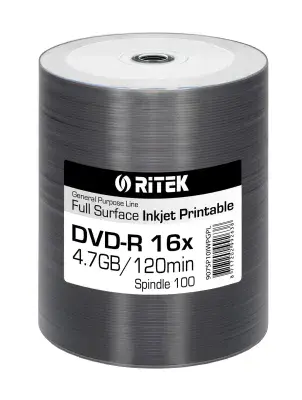 100 Ritek Full White Printable Blank DVD-R 16x Discs 4.7GB 120 minutes Grade A+